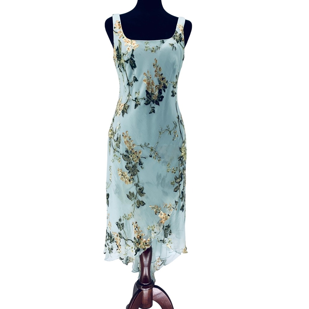 Alex Evenings Floral Embroidered Beaded Hi-Lo Silk Blend Gown Blue Size 6